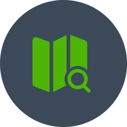 Green map icon with a magnifying glass on dark background.